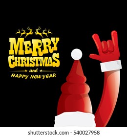 vector Santa Claus hand rock n roll gesture with red hat. Merry Christmas and Happy new year Rock n roll party poster design template or greeting card. Rockstar concept