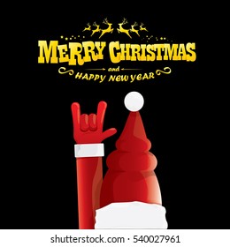 vector Santa Claus hand rock n roll gesture with red hat. Merry Christmas and Happy new year Rock n roll party poster design template or greeting card. Rockstar concept