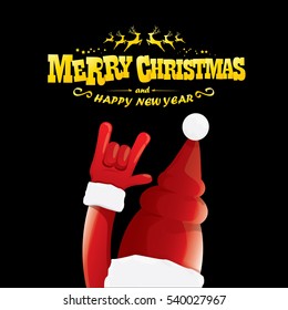 vector Santa Claus hand rock n roll gesture with red hat. Merry Christmas and Happy new year Rock n roll party poster design template or greeting card. Rockstar concept
