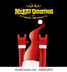 vector Santa Claus hand rock n roll gesture with red hat. Merry Christmas and Happy new year Rock n roll party poster design template or greeting card. Rockstar concept