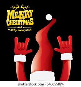 vector Santa Claus hand rock n roll gesture with red hat. Merry Christmas and Happy new year Rock n roll party poster design template or greeting card. Rockstar concept