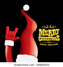 vector Santa Claus hand rock n roll gesture with red hat. Merry Christmas and Happy new year Rock n roll party poster design template or greeting card. Rockstar concept