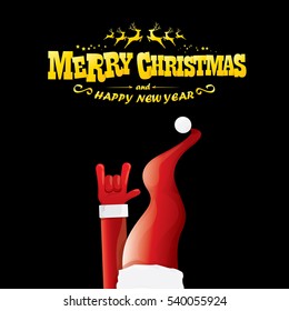 vector Santa Claus hand rock n roll gesture with red hat. Merry Christmas and Happy new year Rock n roll party poster design template or greeting card. Rockstar concept