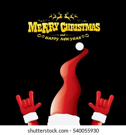 vector Santa Claus hand rock n roll gesture with red hat. Merry Christmas and Happy new year Rock n roll party poster design template or greeting card. Rockstar concept