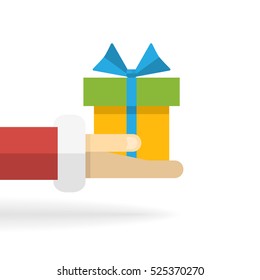 Vector Santa Claus hand with yellow gift box isolated on a white background in flat style design with shadow