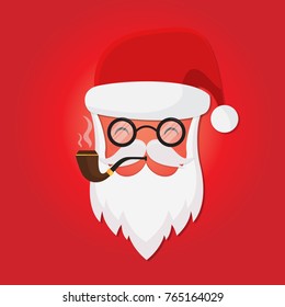 Vector Santa Claus, hat, glasses, pipe, and beard. Hipster Santa. Happy New Year and Christmas greetings card