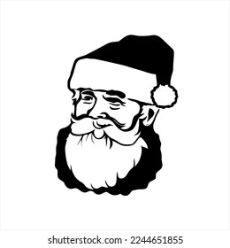 Vector of Santa Claus head design logo template. flat style design. good for company logo. A black and white drawing of a santa claus face with a beard and mustache wearing a santa hat and a beard