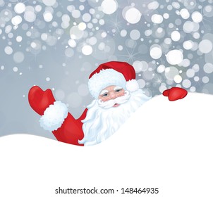 Vector of Santa Claus hiding by blank isolated on snowfall background.