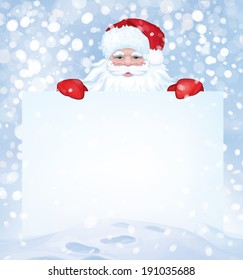 Vector Santa Claus  hiding by blank on snowfall background.