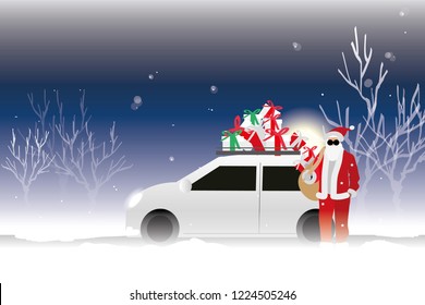 vector santa claus and his white car on winter background