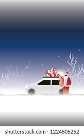 vector santa claus and his white car on winter background