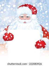 Vector Santa Claus holding blank banner on snowfall background.