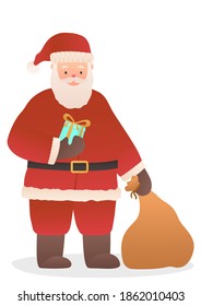 vector santa claus holding gift box and bag. premium cute christmas festive elements. winter holiday background.