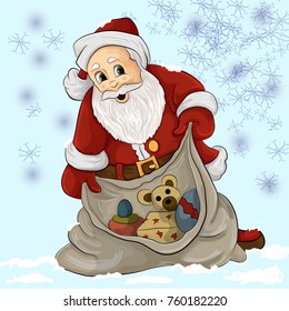 vector Santa Claus holding an open bag of gifts