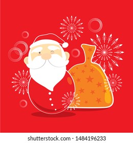 Vector Santa Claus with huge bag with presents, rocking doll style, Snowflakes pattern.