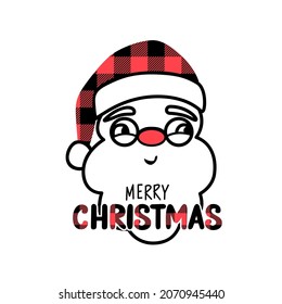 Vector Santa Claus illustration with hat, beard and glasses. Buffalo plaid. Cute Christmas design isolated on white for greeting cards, t-shirt print, mugs. Funny character. Cartoon portrait.