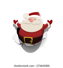 Vector Santa Claus leaned out of the hole in paper isolated on white background