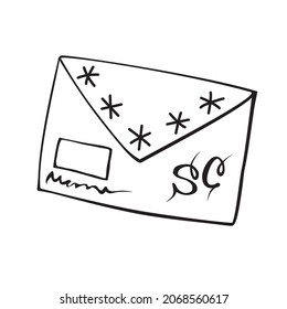 Vector Santa Claus letter envelope in doodle style. Christmas or New Year contour clipart, icon thin black line