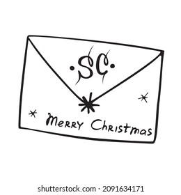 Vector Santa Claus letter envelope in doodle style. Christmas or New Year contour clipart, icon thin black line