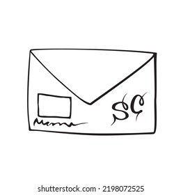 Vector Santa Claus letter envelope in doodle style. Christmas or New Year contour clipart, icon thin black line