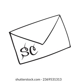Vector Santa Claus letter envelope in doodle style. Christmas or New Year contour clipart, icon thin black line