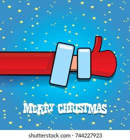 vector Santa Claus like hand icon isolated on blue night starry sky background . thumbs up santa hand symbol. merry christmas greeting card