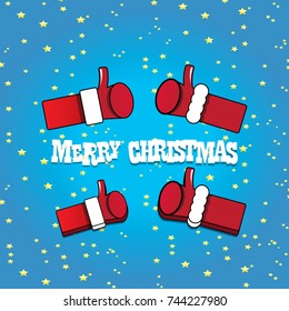 vector Santa Claus like hand icon isolated on blue night starry sky background . thumbs up santa hand symbol. merry christmas greeting card