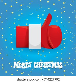 vector Santa Claus like hand icon isolated on blue night starry sky background . thumbs up santa hand symbol. merry christmas greeting card