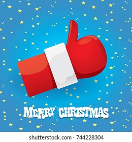 vector Santa Claus like hand icon isolated on blue night starry sky background . thumbs up santa hand symbol. merry christmas greeting card