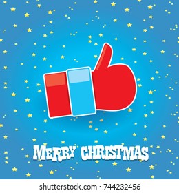 vector Santa Claus like hand icon isolated on blue night starry sky background . thumbs up santa hand symbol. merry christmas greeting card