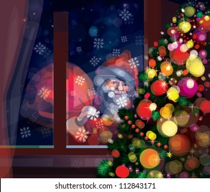 Vector Of Santa Claus Looks  Through  Window. Merry Christmas!