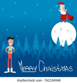 Vector Santa Claus on the Moon, with a bag of gifts in the Christmas forest. Flat design. Post card.