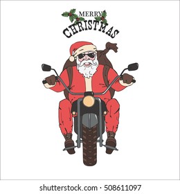 Vector Santa Claus on a motorcycle with a backpack of gifts Isolation on white. Hand-drawn. Sketch. Santa-biker