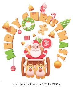 Vector Santa Claus en trineo con renos con regalos y objetos relacionados con la Navidad