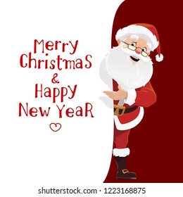 Vector Santa Claus and paper with Merry Christmas and Happy New Year wishes. Winter holiday celebration, fairy character. Elderly man in red costume and hat, beard and belt, boots and glasses