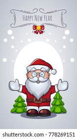 Vector Santa Claus portrait as Christmas greeting card with congratulations. New Year message banner. Cartoon Character or Mascot. 