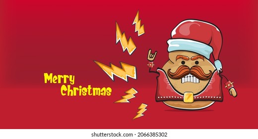 vector Santa CLAUS potato funny cartoon character with red Santa hat and calligraphic merry Christmas text isolated on red horizontal background. rock n roll style Christmas party banner or poster