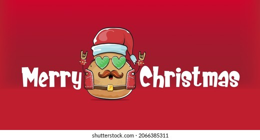 vector Santa CLAUS potato funny cartoon character with red Santa hat and calligraphic merry Christmas text isolated on red horizontal background. rock n roll style Christmas party banner or poster