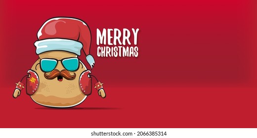 vector Santa CLAUS potato funny cartoon character with red Santa hat and calligraphic merry Christmas text isolated on red horizontal background. rock n roll style Christmas party banner or poster