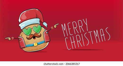 vector Santa CLAUS potato funny cartoon character with red Santa hat and calligraphic merry Christmas text isolated on red horizontal background. rock n roll style Christmas party banner or poster