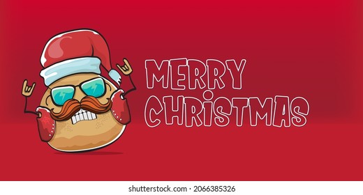 vector Santa CLAUS potato funny cartoon character with red Santa hat and calligraphic merry Christmas text isolated on red horizontal background. rock n roll style Christmas party banner or poster
