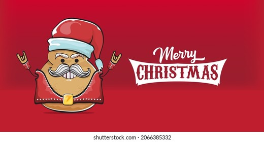 vector Santa CLAUS potato funny cartoon character with red Santa hat and calligraphic merry Christmas text isolated on red horizontal background. rock n roll style Christmas party banner or poster