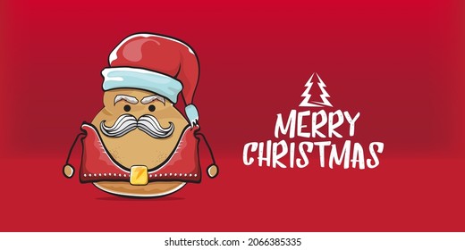 vector Santa CLAUS potato funny cartoon character with red Santa hat and calligraphic merry Christmas text isolated on red horizontal background. rock n roll style Christmas party banner or poster