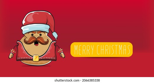 vector Santa CLAUS potato funny cartoon character with red Santa hat and calligraphic merry Christmas text isolated on red horizontal background. rock n roll style Christmas party banner or poster