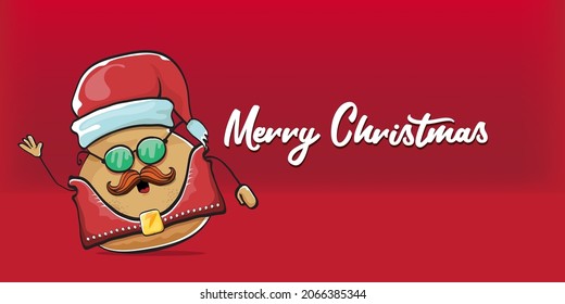 vector Santa CLAUS potato funny cartoon character with red Santa hat and calligraphic merry Christmas text isolated on red horizontal background. rock n roll style Christmas party banner or poster