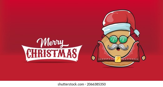 vector Santa CLAUS potato funny cartoon character with red Santa hat and calligraphic merry Christmas text isolated on red horizontal background. rock n roll style Christmas party banner or poster