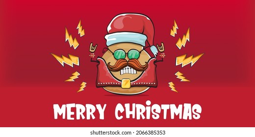 vector Santa CLAUS potato funny cartoon character with red Santa hat and calligraphic merry Christmas text isolated on red horizontal background. rock n roll style Christmas party banner or poster