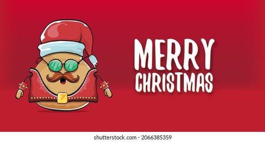 vector Santa CLAUS potato funny cartoon character with red Santa hat and calligraphic merry Christmas text isolated on red horizontal background. rock n roll style Christmas party banner or poster