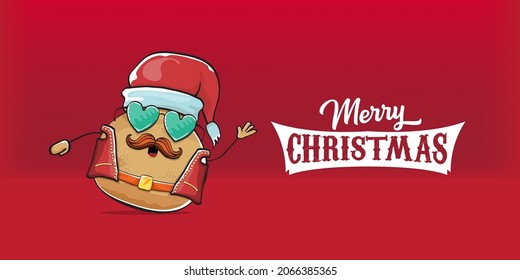 vector Santa CLAUS potato funny cartoon character with red Santa hat and calligraphic merry Christmas text isolated on red horizontal background. rock n roll style Christmas party banner or poster