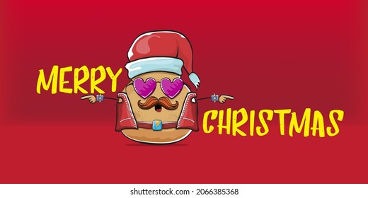 vector Santa CLAUS potato funny cartoon character with red Santa hat and calligraphic merry Christmas text isolated on red horizontal background. rock n roll style Christmas party banner or poster